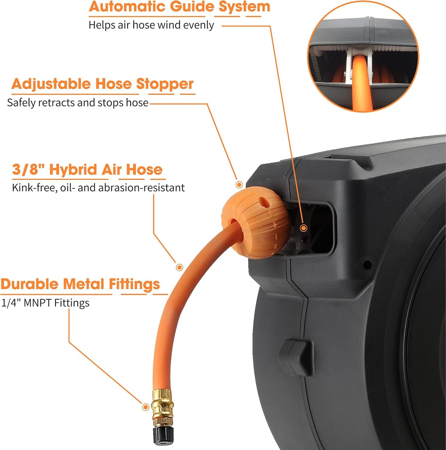 Retractable Air Hose Reel Enclosed with 3/8" x 50 ft, 300 PSI