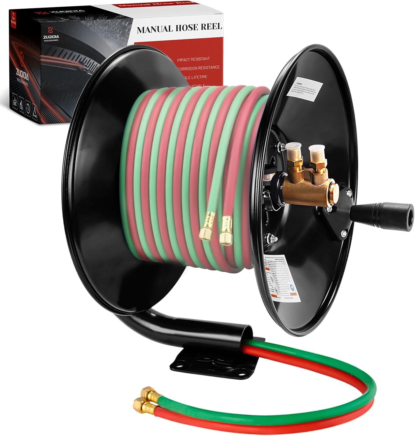 Manual Twin Welding Hose Reel, Holds 100 ft of 3/8" or 1/4" Gas Hose, Heavy-Duty Steel Construction with Universal Mounting Bracket for Wall, Ceiling or Cart