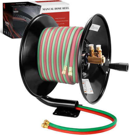 Manual Twin Welding Hose Reel, Holds 100 ft of 3/8" or 1/4" Gas Hose, Heavy-Duty Steel Construction with Universal Mounting Bracket for Wall, Ceiling or Cart