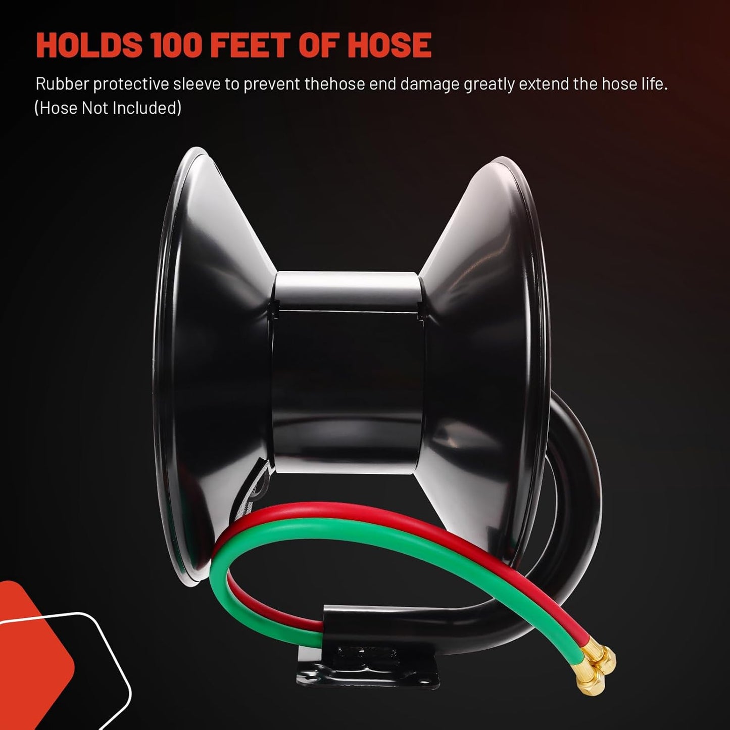 Manual Twin Welding Hose Reel, Holds 100 ft of 3/8" or 1/4" Gas Hose, Heavy-Duty Steel Construction with Universal Mounting Bracket for Wall, Ceiling or Cart