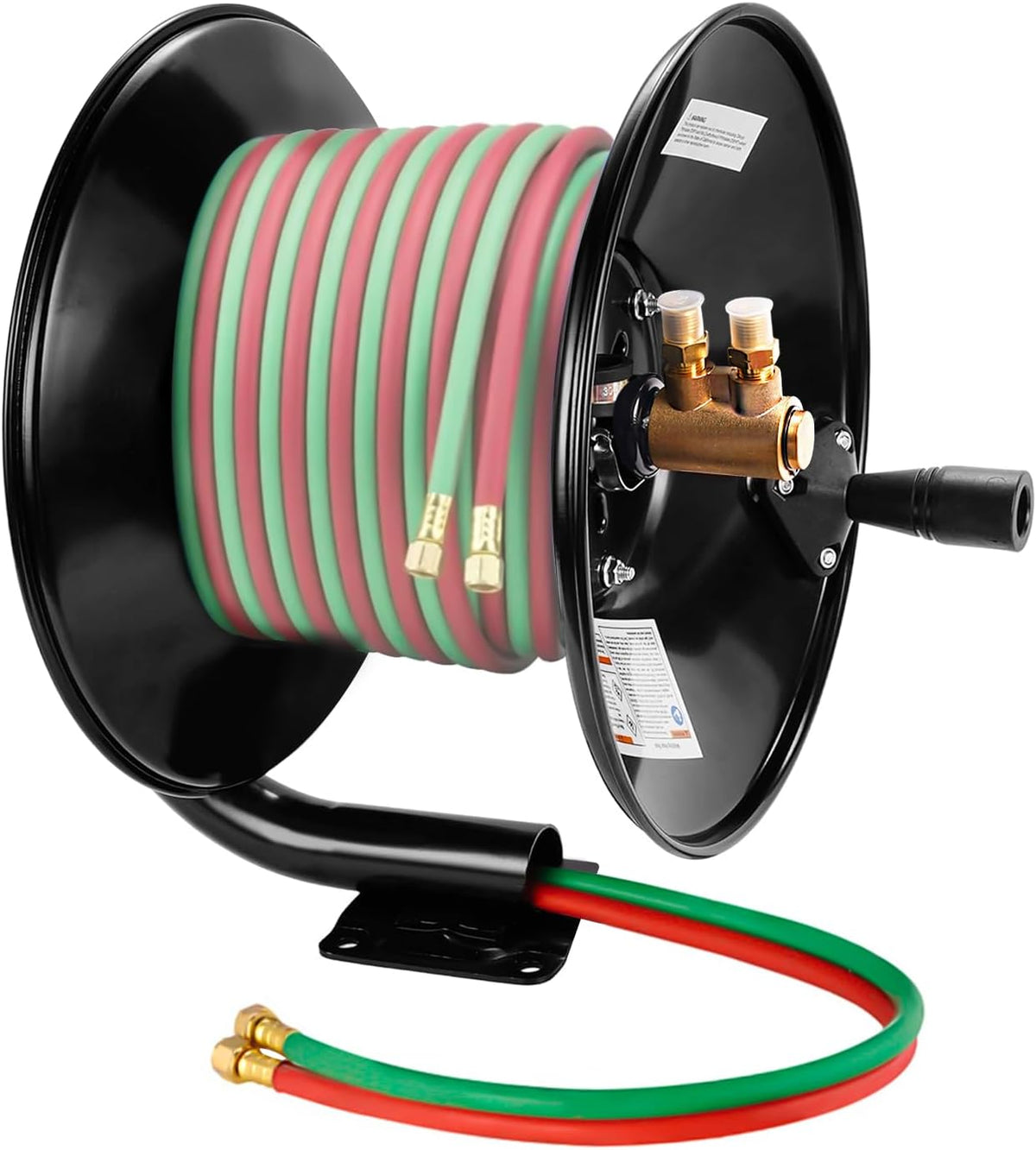 Manual Twin Welding Hose Reel, Holds 100 ft of 3/8" or 1/4" Gas Hose, Heavy-Duty Steel Construction with Universal Mounting Bracket for Wall, Ceiling or Cart