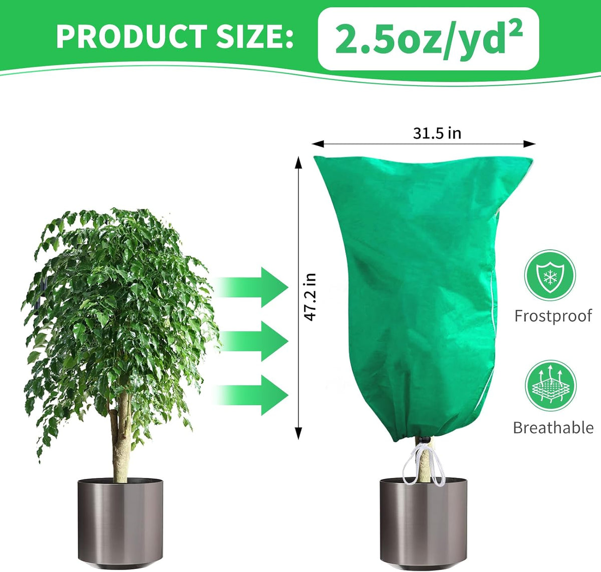 2 Pack Plant Covers Freeze Protection, 47''W x 78''H 2.5oz/yd² Winter Tree Frost Blankets Frost Cloths Protectors Bag Cover with Zipper Drawstring for Outdoor Plants Shrub Fruit Trees Potted
