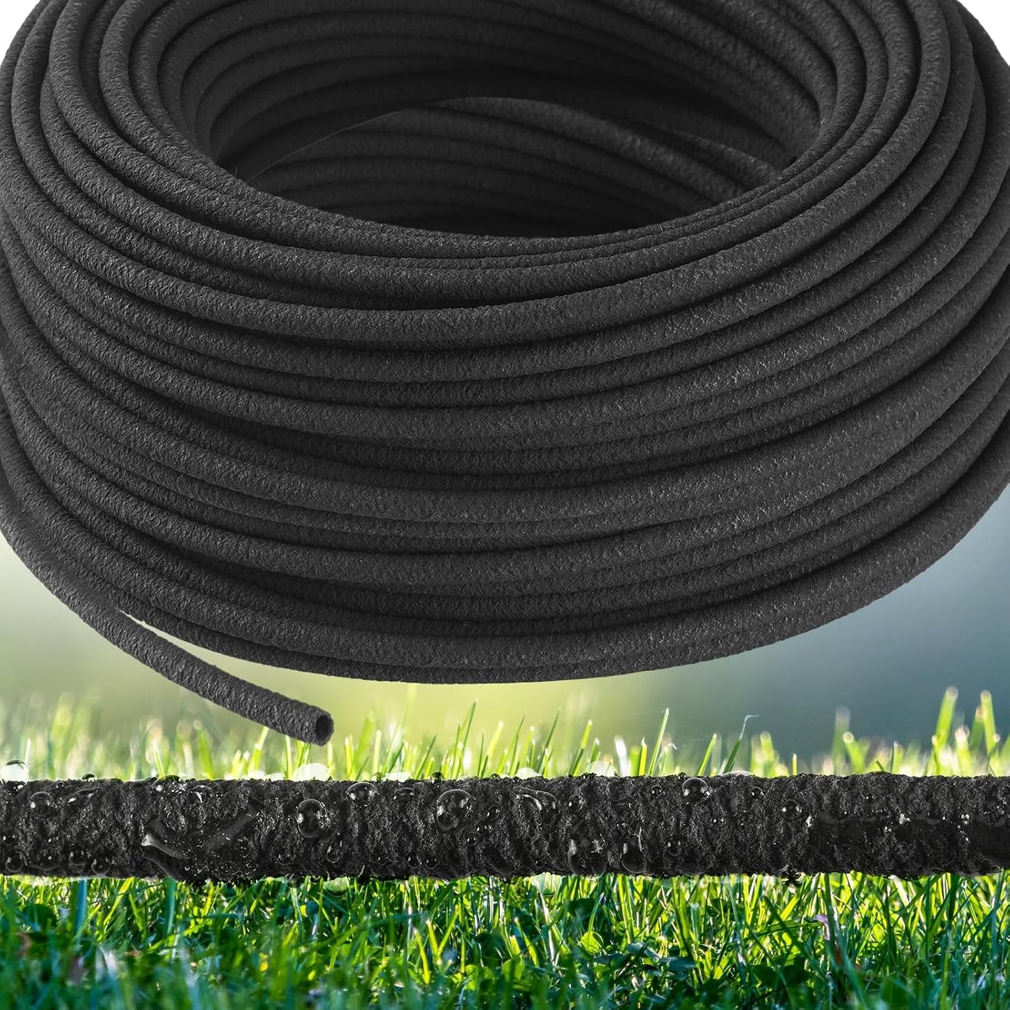 100 ft 1/4 in Irrigation Tubing Soaker Hose System, Rubber and PE Material, Porous Drip Line for Watering Hydroponics Vegetable Beds, Black