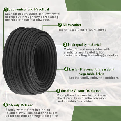 100 ft 1/4 in Irrigation Tubing Soaker Hose System, Rubber and PE Material, Porous Drip Line for Watering Hydroponics Vegetable Beds, Black