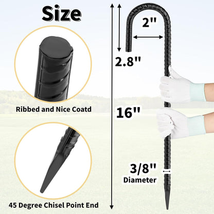 12 Inch Rebar Stakes J Hook Ground Stakes 16-Pack Heavy Duty Galvanized Chain Link Fence Stakes Metal Tent Stakes for Outdoor Lawn Decorations Inflatables Canopy Swing Set