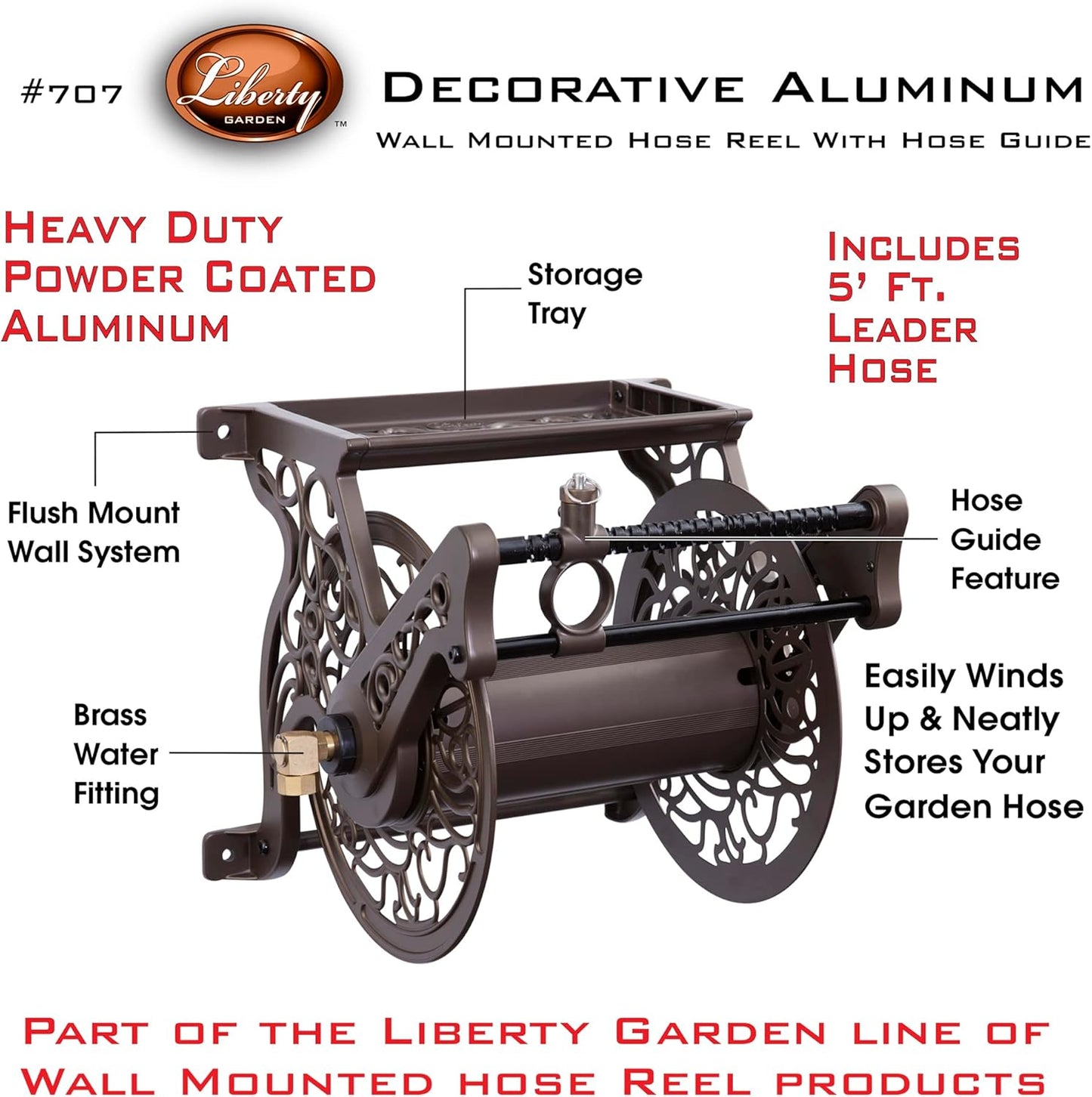 Liberty Garden 708 Steel Decorative Wall Mount Garden Hose Reel, Holds 125-Feet of 5/8-Inch Hose - Bronze