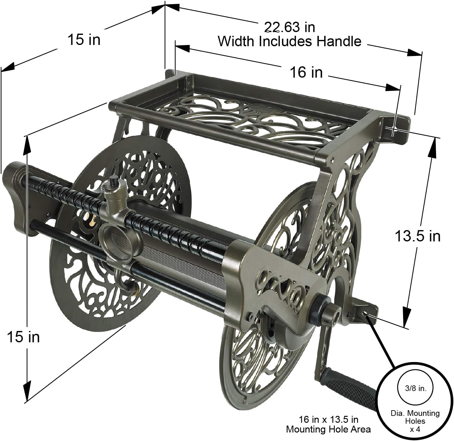 Liberty Garden 708 Steel Decorative Wall Mount Garden Hose Reel, Holds 125-Feet of 5/8-Inch Hose - Bronze