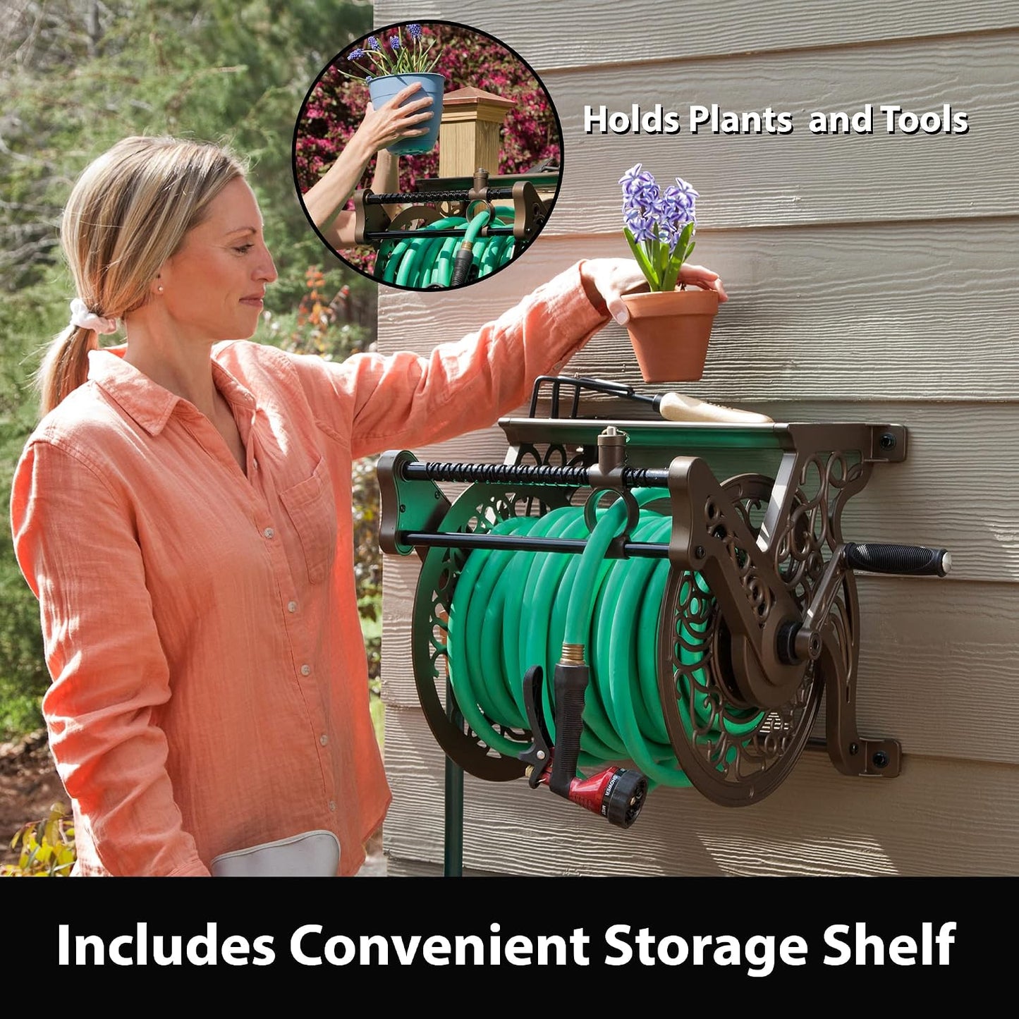 Liberty Garden 708 Steel Decorative Wall Mount Garden Hose Reel, Holds 125-Feet of 5/8-Inch Hose - Bronze