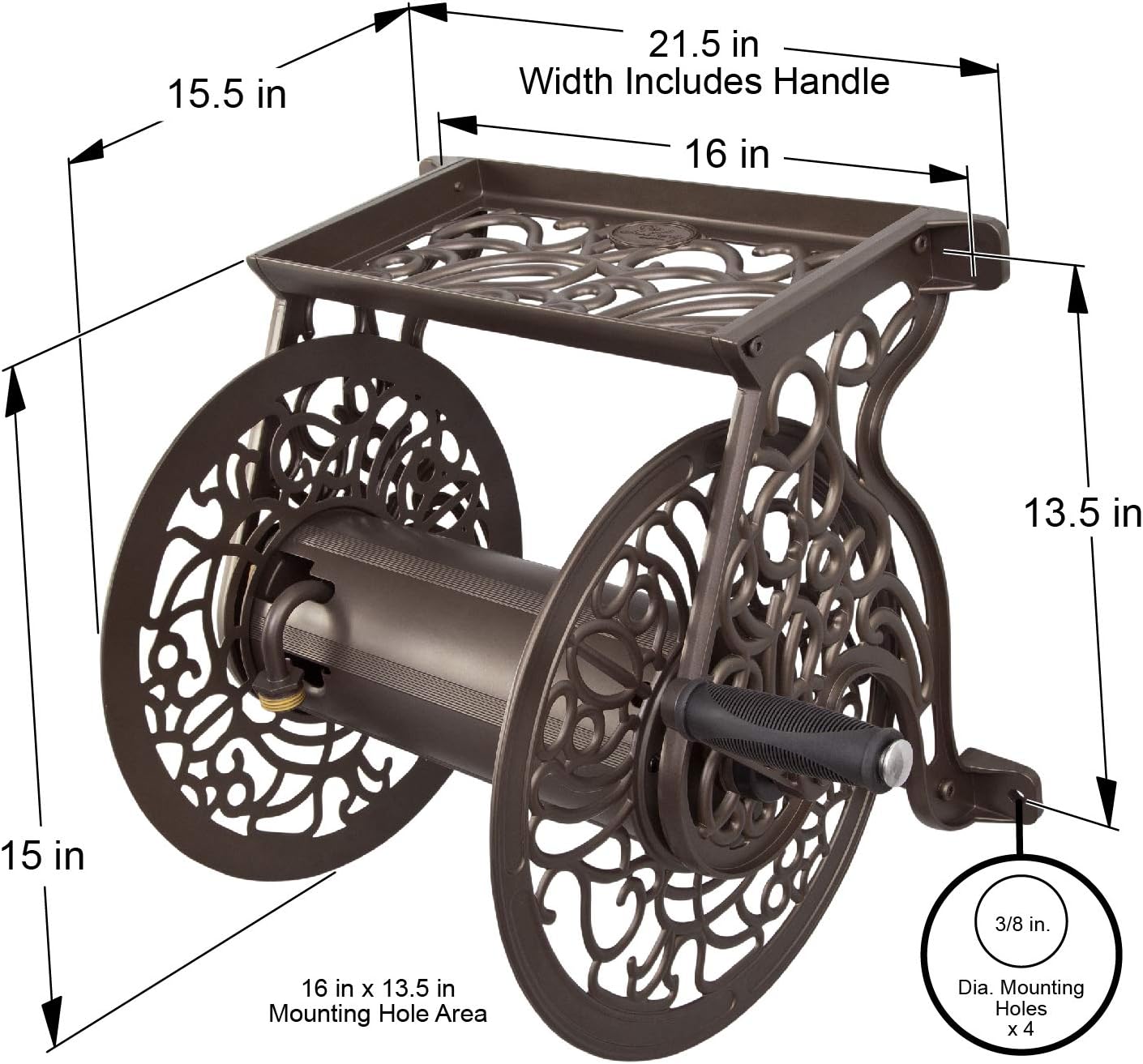 Liberty Garden 708 Steel Decorative Wall Mount Garden Hose Reel, Holds 125-Feet of 5/8-Inch Hose - Bronze