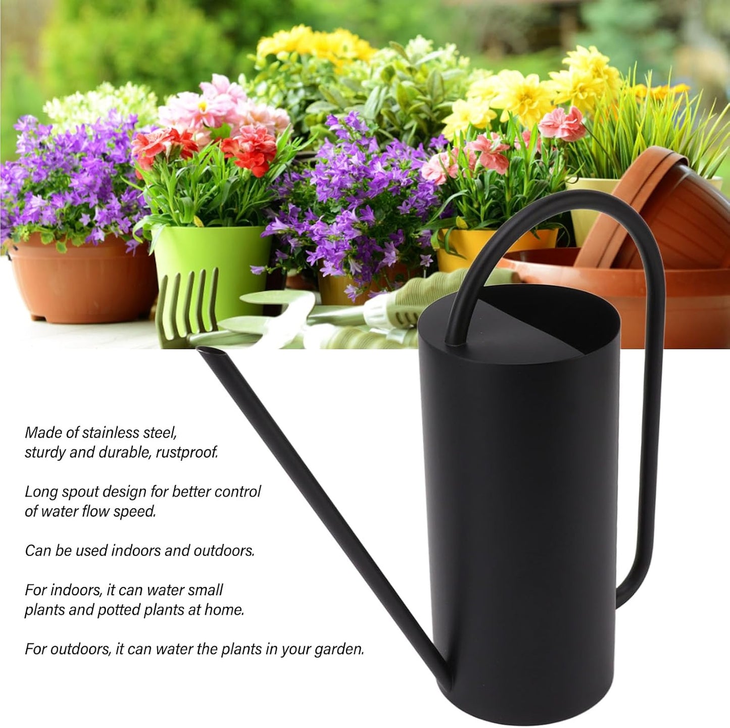 1500ml Indoor Watering Can, Large Capacity Long Spout Stainless Steel Plant Watering Can, Watering Kettle for Outdoors Horticultural Enthusiast (Black)