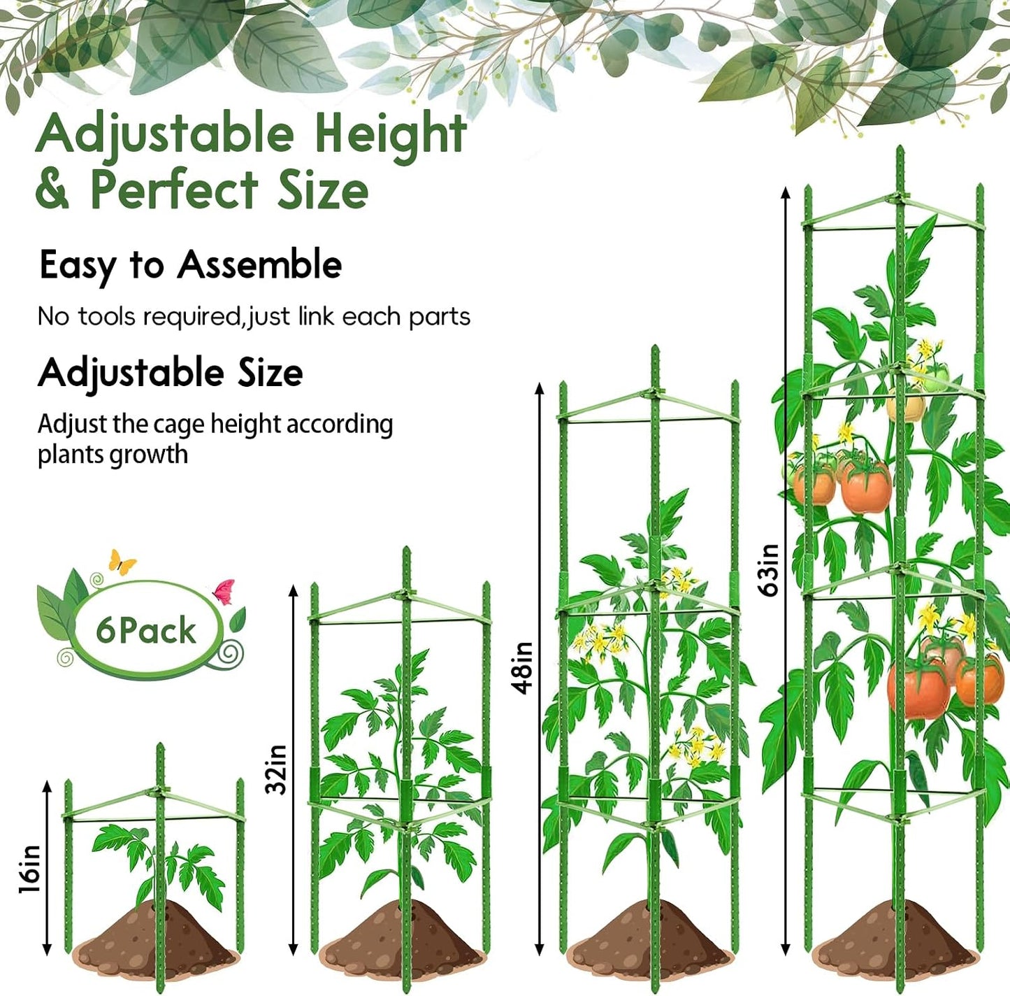 6 Pack 5.2 FT Tomato Cages for Garden, Heavy Duty Tomato Trellis