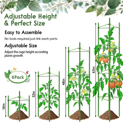 6 Pack 5.2 FT Tomato Cages for Garden, Heavy Duty Tomato Trellis