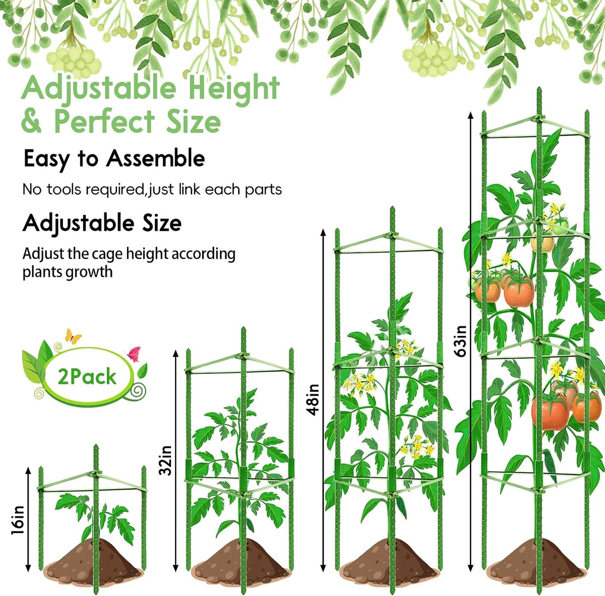6 Pack 5.2 FT Tomato Cages for Garden, Heavy Duty Tomato Trellis