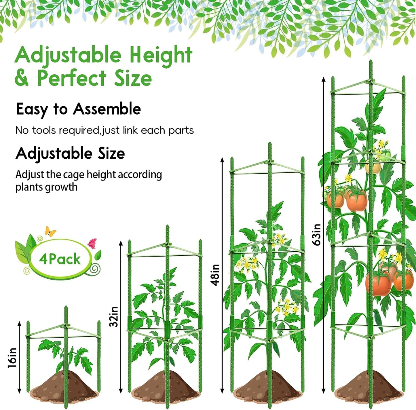6 Pack 5.2 FT Tomato Cages for Garden, Heavy Duty Tomato Trellis