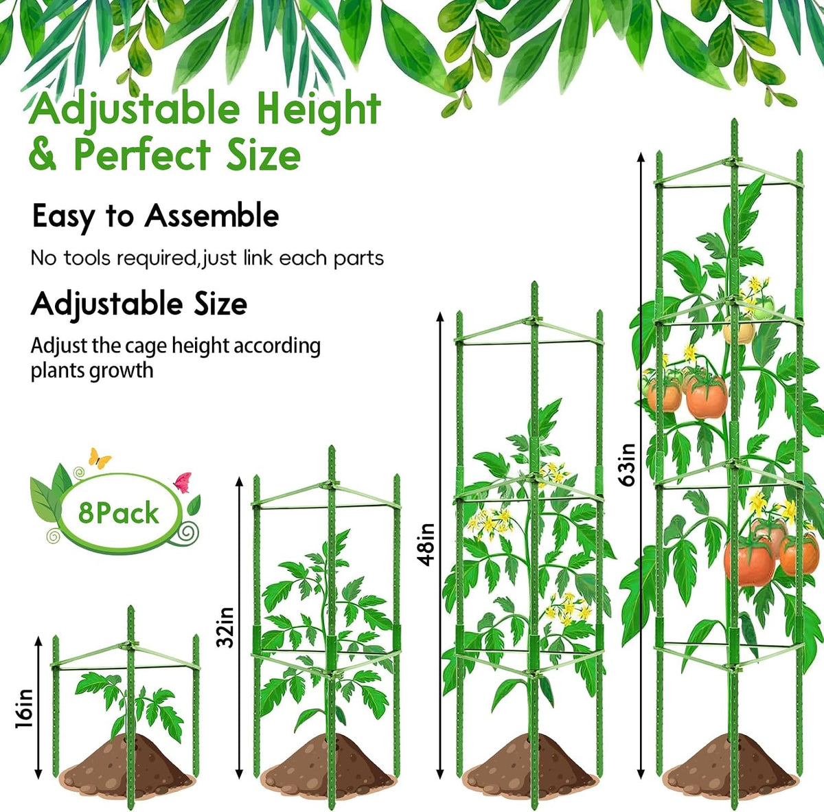 6 Pack 5.2 FT Tomato Cages for Garden, Heavy Duty Tomato Trellis
