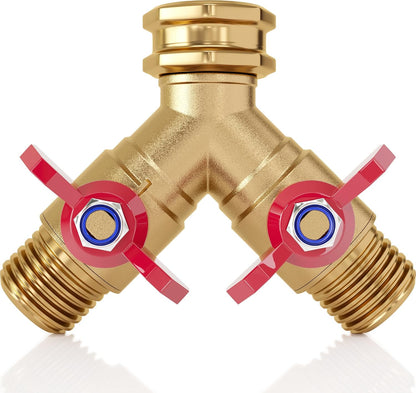 ® Garden Hose Splitter 2 Way | Full Flow & Heavy Duty Leak-Proof Brass Water Divider with Dual Shut-Off Valves, Y (Wye) Connector for Outdoor Faucets, Spigots, Lawn & RV | Industrial-Grade