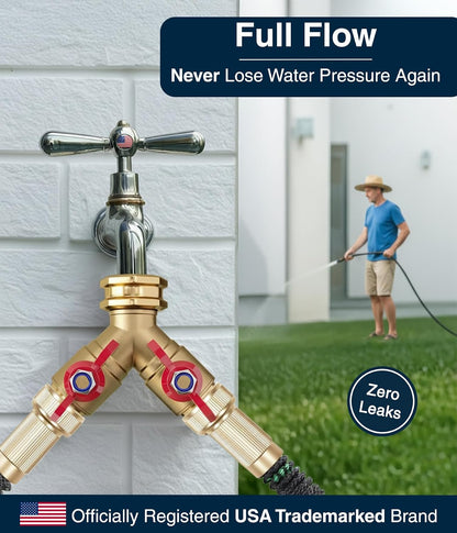 ® Garden Hose Splitter 2 Way | Full Flow & Heavy Duty Leak-Proof Brass Water Divider with Dual Shut-Off Valves, Y (Wye) Connector for Outdoor Faucets, Spigots, Lawn & RV | Industrial-Grade