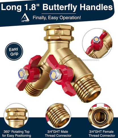® Garden Hose Splitter 2 Way | Full Flow & Heavy Duty Leak-Proof Brass Water Divider with Dual Shut-Off Valves, Y (Wye) Connector for Outdoor Faucets, Spigots, Lawn & RV | Industrial-Grade