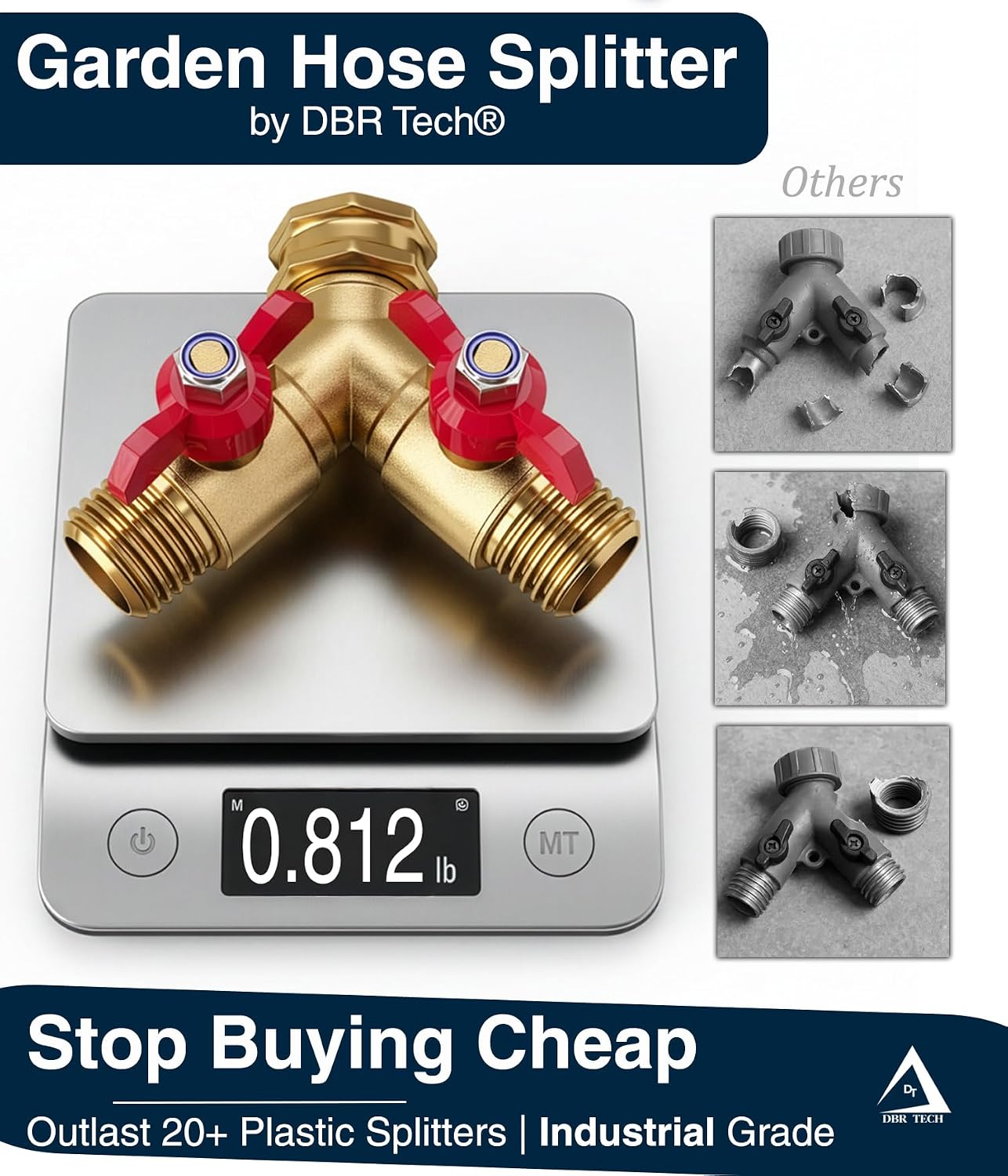 ® Garden Hose Splitter 2 Way | Full Flow & Heavy Duty Leak-Proof Brass Water Divider with Dual Shut-Off Valves, Y (Wye) Connector for Outdoor Faucets, Spigots, Lawn & RV | Industrial-Grade