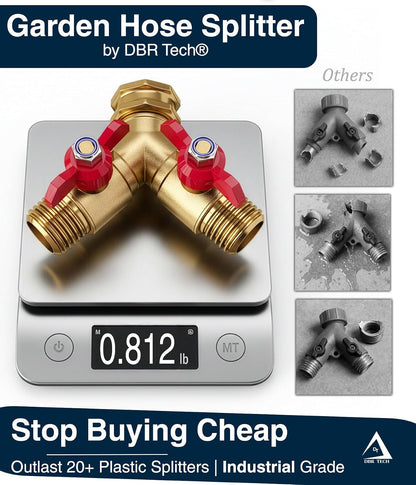 ® Garden Hose Splitter 2 Way | Full Flow & Heavy Duty Leak-Proof Brass Water Divider with Dual Shut-Off Valves, Y (Wye) Connector for Outdoor Faucets, Spigots, Lawn & RV | Industrial-Grade