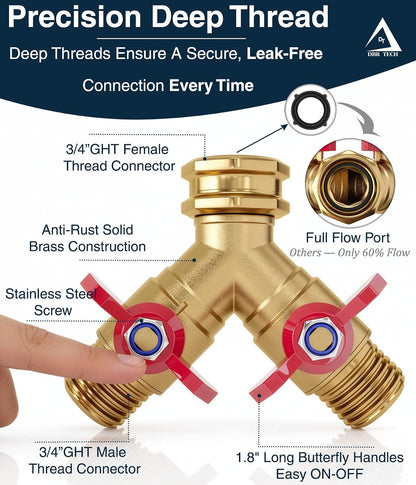 ® Garden Hose Splitter 2 Way | Full Flow & Heavy Duty Leak-Proof Brass Water Divider with Dual Shut-Off Valves, Y (Wye) Connector for Outdoor Faucets, Spigots, Lawn & RV | Industrial-Grade