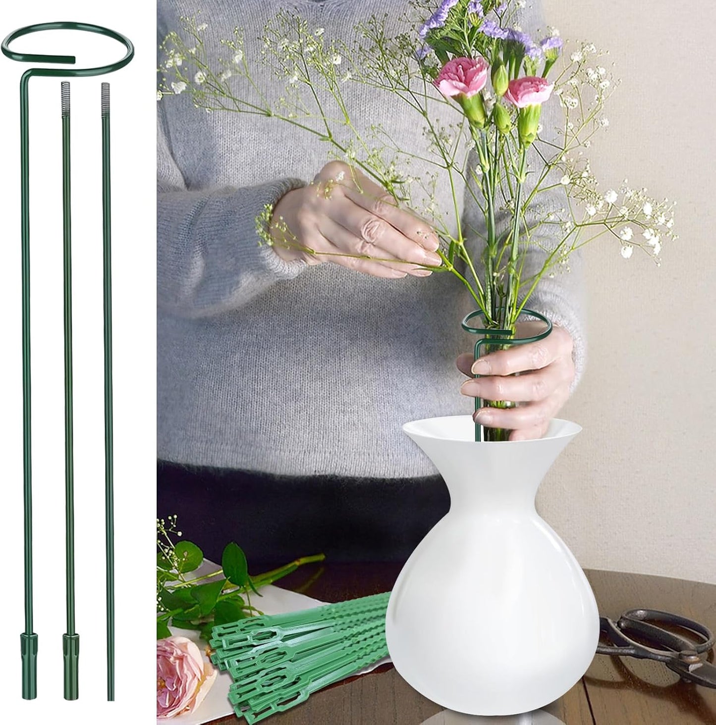 4 Packs Adjustable 35.4" Plant Stakes and Supports with 30 Pieces 9" Twist Ties, Green Plant Holder Stick Outdoor Indoor, Metal Flower Support Stakes Rings for Gardens Vegetables (90 cm)
