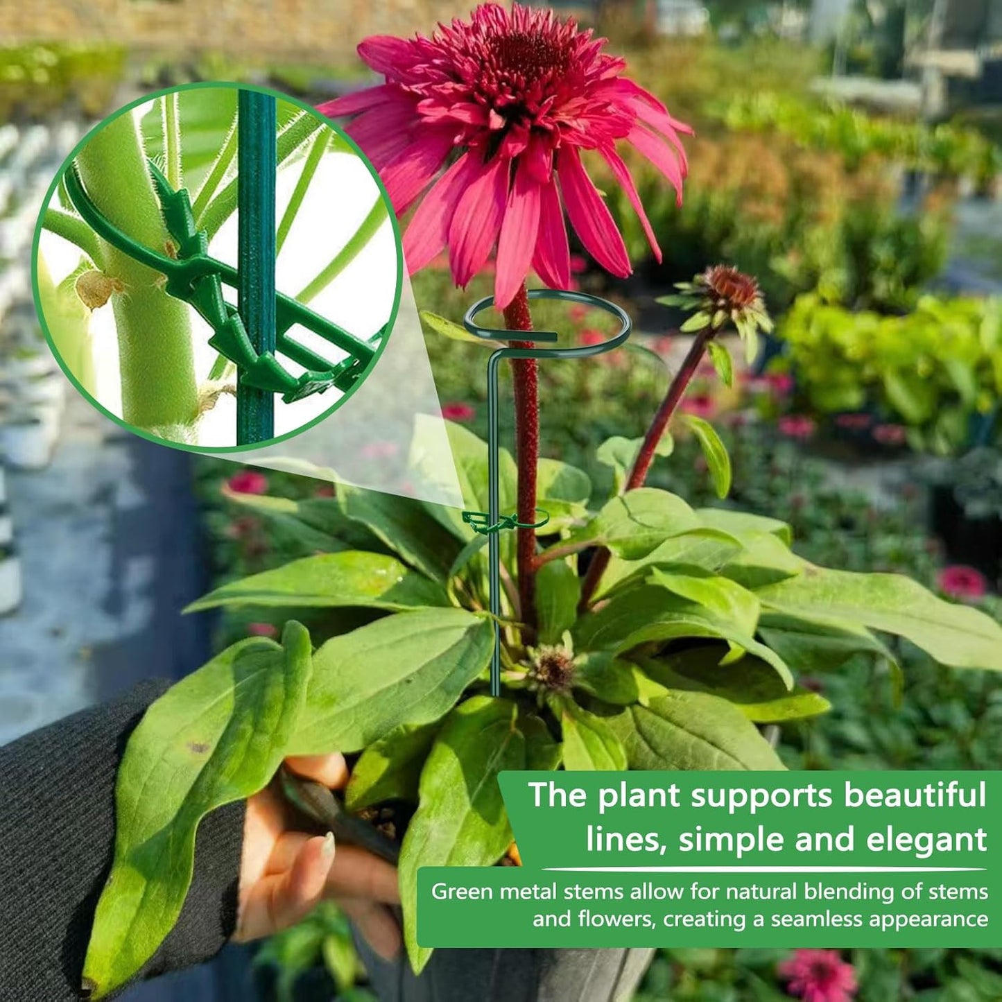 4 Packs Adjustable 35.4" Plant Stakes and Supports with 30 Pieces 9" Twist Ties, Green Plant Holder Stick Outdoor Indoor, Metal Flower Support Stakes Rings for Gardens Vegetables (90 cm)