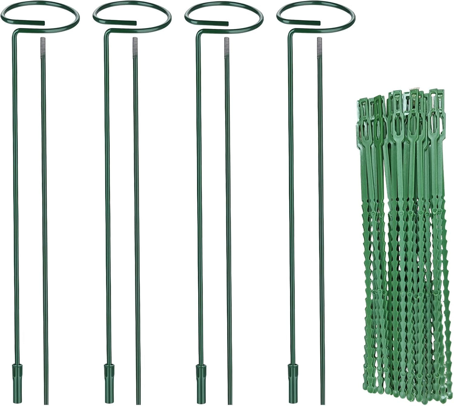 4 Packs Adjustable 35.4" Plant Stakes and Supports with 30 Pieces 9" Twist Ties, Green Plant Holder Stick Outdoor Indoor, Metal Flower Support Stakes Rings for Gardens Vegetables (90 cm)