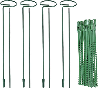 4 Packs Adjustable 35.4" Plant Stakes and Supports with 30 Pieces 9" Twist Ties, Green Plant Holder Stick Outdoor Indoor, Metal Flower Support Stakes Rings for Gardens Vegetables (90 cm)