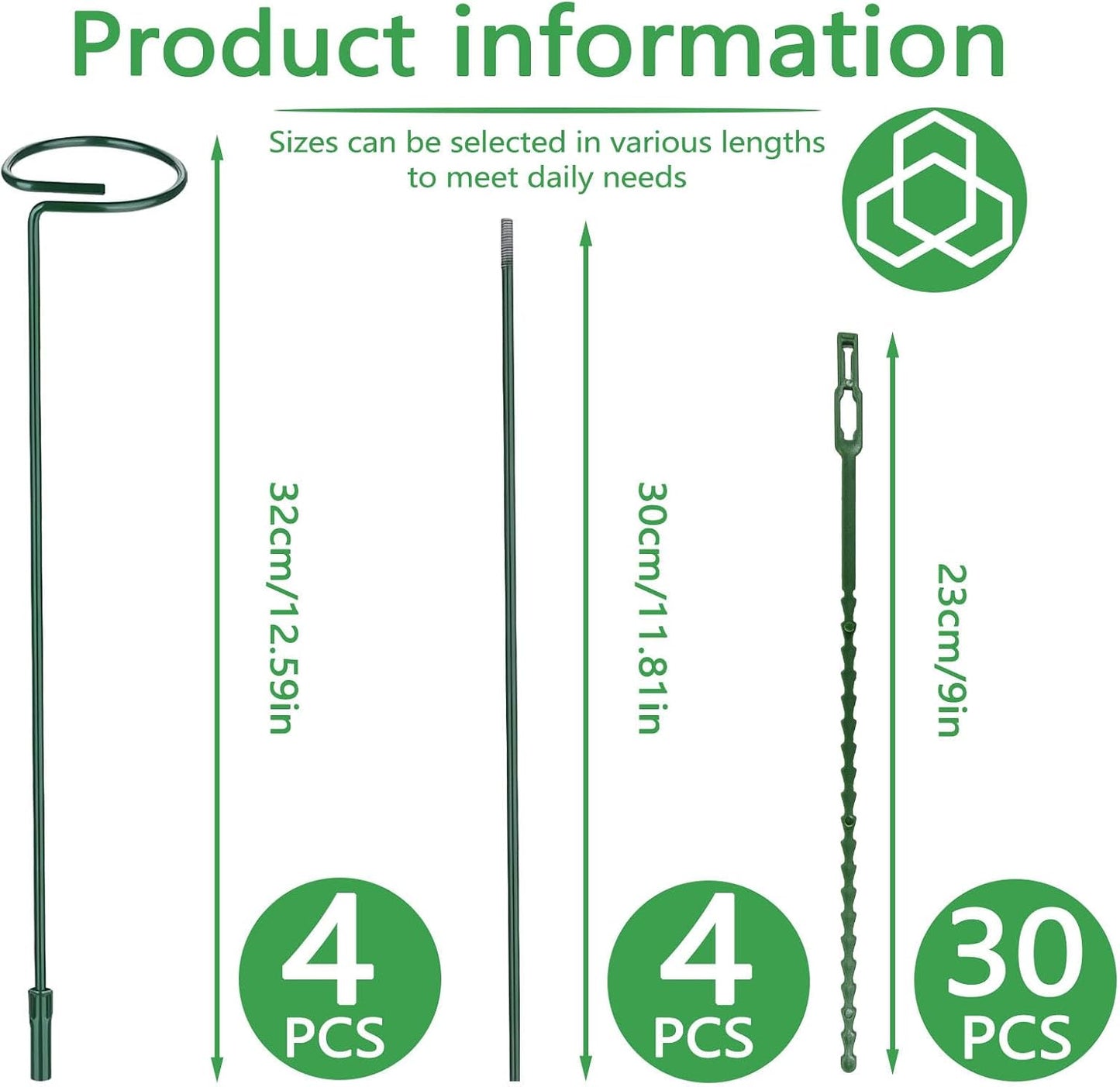 4 Packs Adjustable 35.4" Plant Stakes and Supports with 30 Pieces 9" Twist Ties, Green Plant Holder Stick Outdoor Indoor, Metal Flower Support Stakes Rings for Gardens Vegetables (90 cm)