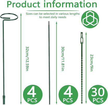 4 Packs Adjustable 35.4" Plant Stakes and Supports with 30 Pieces 9" Twist Ties, Green Plant Holder Stick Outdoor Indoor, Metal Flower Support Stakes Rings for Gardens Vegetables (90 cm)