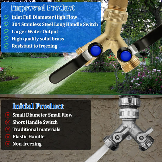Brass Garden Hose Splitter, Hose y Splitter with Shutoff, Hose Splitter 2 Way Heavy Duty, Brass Y-Valve Water Garden Hose Adapter 2-Way Y-Valve 3/4" GHT Threads