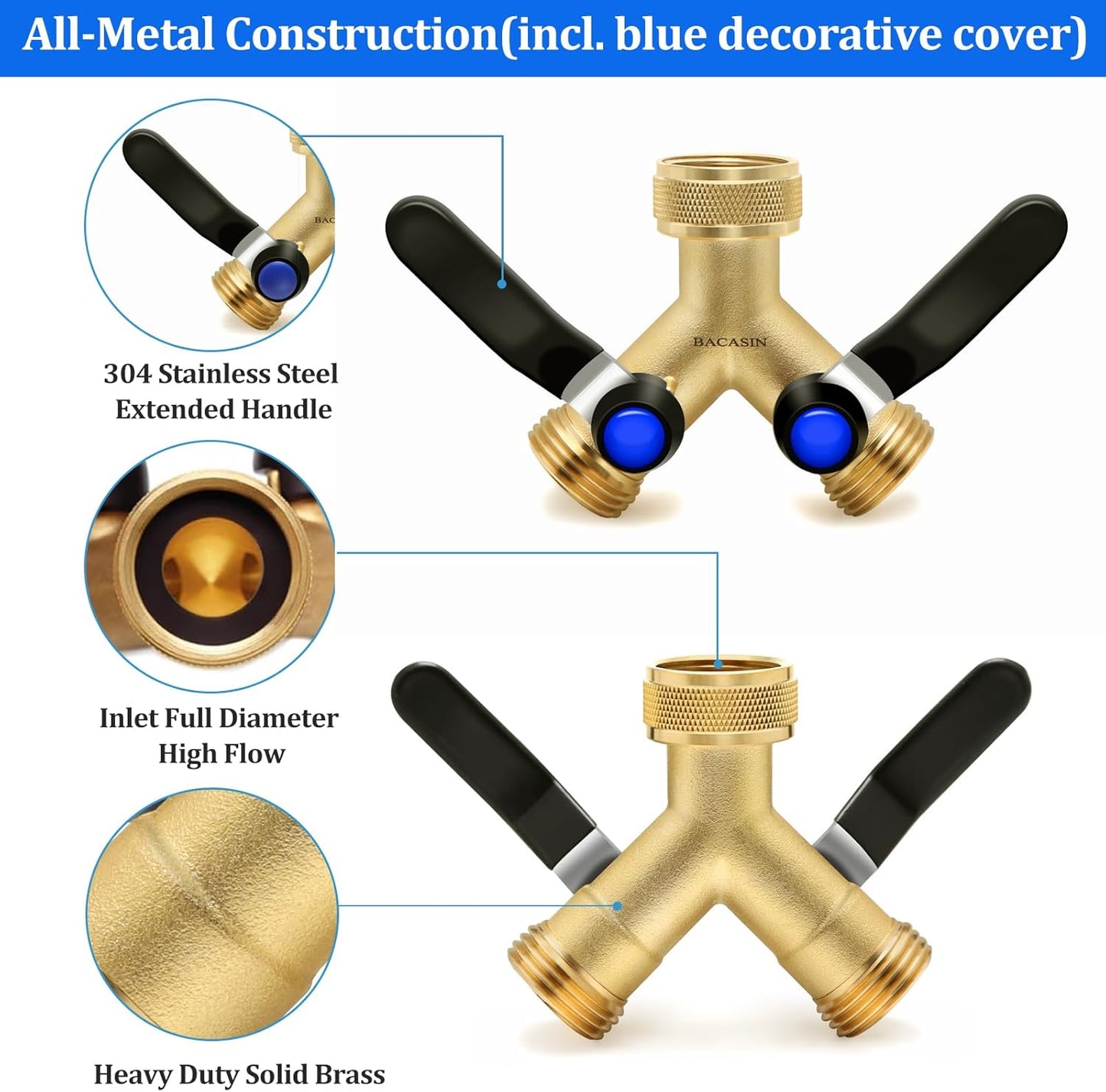 Brass Garden Hose Splitter, Hose y Splitter with Shutoff, Hose Splitter 2 Way Heavy Duty, Brass Y-Valve Water Garden Hose Adapter 2-Way Y-Valve 3/4" GHT Threads