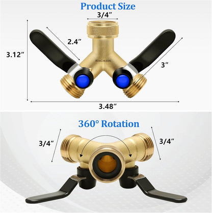 Brass Garden Hose Splitter, Hose y Splitter with Shutoff, Hose Splitter 2 Way Heavy Duty, Brass Y-Valve Water Garden Hose Adapter 2-Way Y-Valve 3/4" GHT Threads