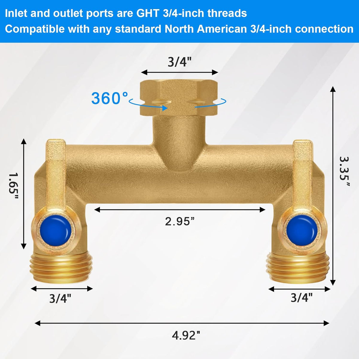 Brass Garden Hose Splitter, Hose y Splitter with Shutoff, Hose Splitter 2 Way Heavy Duty, Brass Y-Valve Water Garden Hose Adapter 2-Way Y-Valve 3/4" GHT Threads