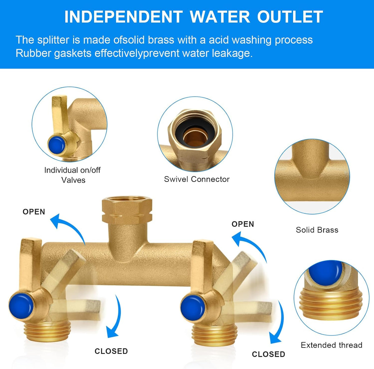 Brass Garden Hose Splitter, Hose y Splitter with Shutoff, Hose Splitter 2 Way Heavy Duty, Brass Y-Valve Water Garden Hose Adapter 2-Way Y-Valve 3/4" GHT Threads