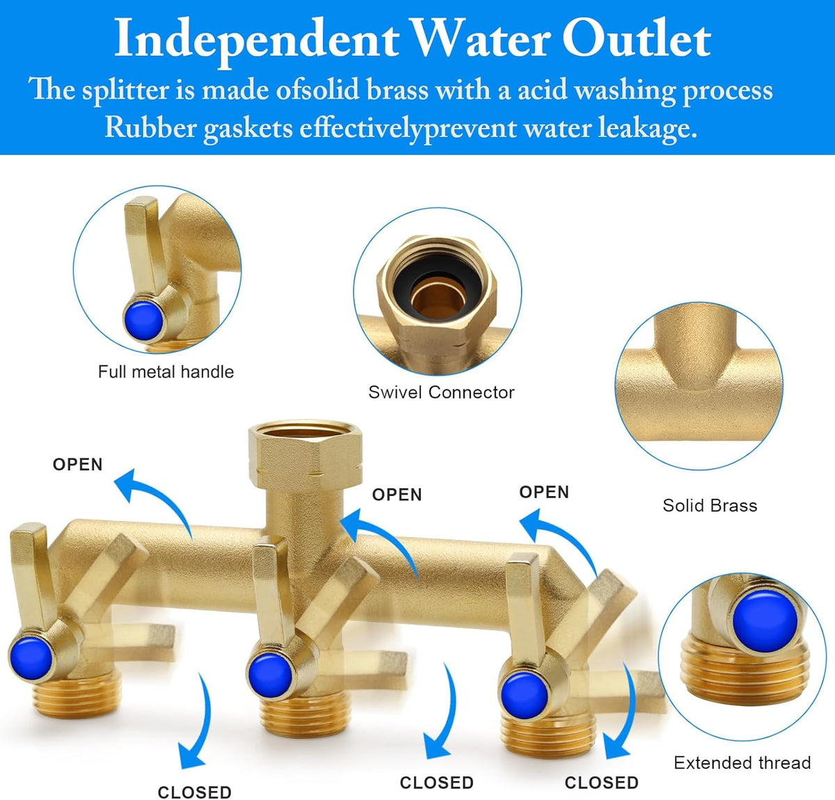 Brass Garden Hose Splitter, Hose y Splitter with Shutoff, Hose Splitter 2 Way Heavy Duty, Brass Y-Valve Water Garden Hose Adapter 2-Way Y-Valve 3/4" GHT Threads
