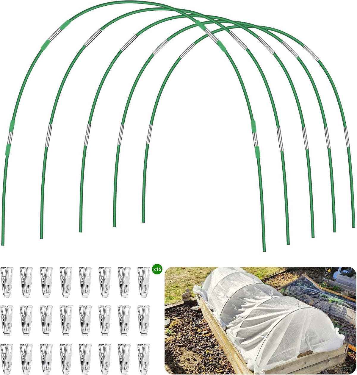 Garden Hoops for Raised Beds Row Cover,5 Sets 7ft Grow Tunnel,Rust-Free Fiberglass Greenhouse Support Hoops Frame for Garden Mesh Netting, Outdoors Plant Growth -24PCS