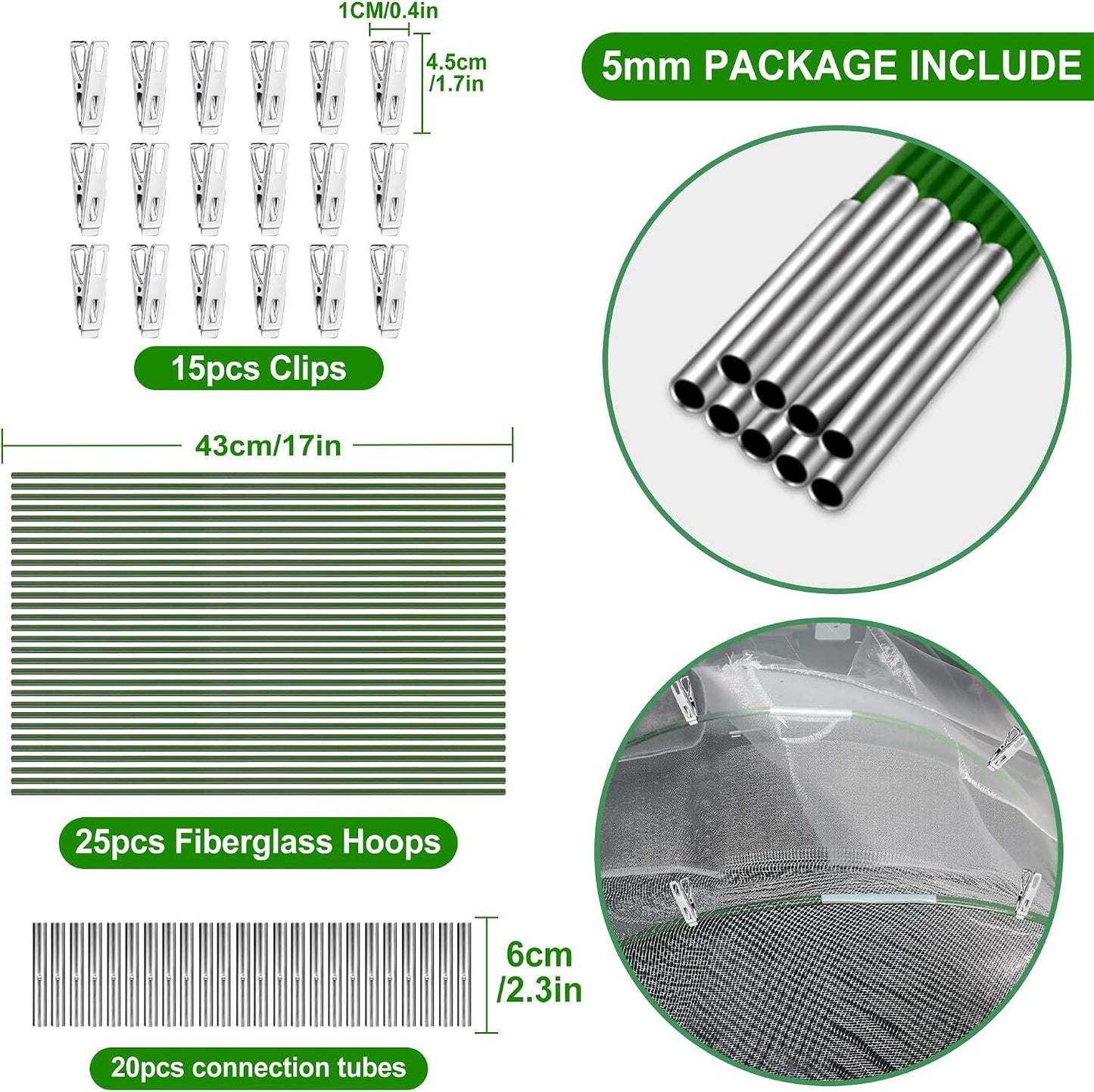 Garden Hoops for Raised Beds Row Cover,5 Sets 7ft Grow Tunnel,Rust-Free Fiberglass Greenhouse Support Hoops Frame for Garden Mesh Netting, Outdoors Plant Growth -24PCS