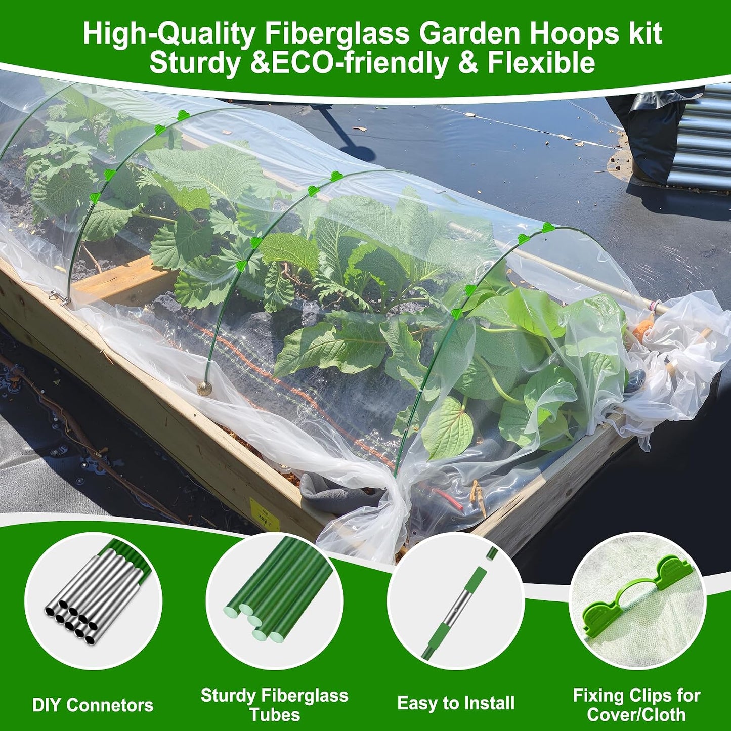 Garden Hoops for Raised Beds Row Cover,5 Sets 7ft Grow Tunnel,Rust-Free Fiberglass Greenhouse Support Hoops Frame for Garden Mesh Netting, Outdoors Plant Growth -24PCS