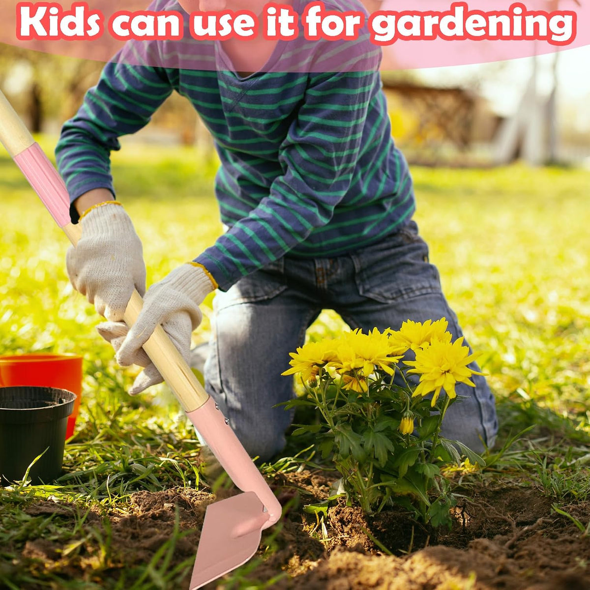Kids Garden Lawn Hoe-Small Wooden Handle Hoe with Metal Head, 31 inches/ 79 cm Length, for Kids Garden Labor Tool (Red)