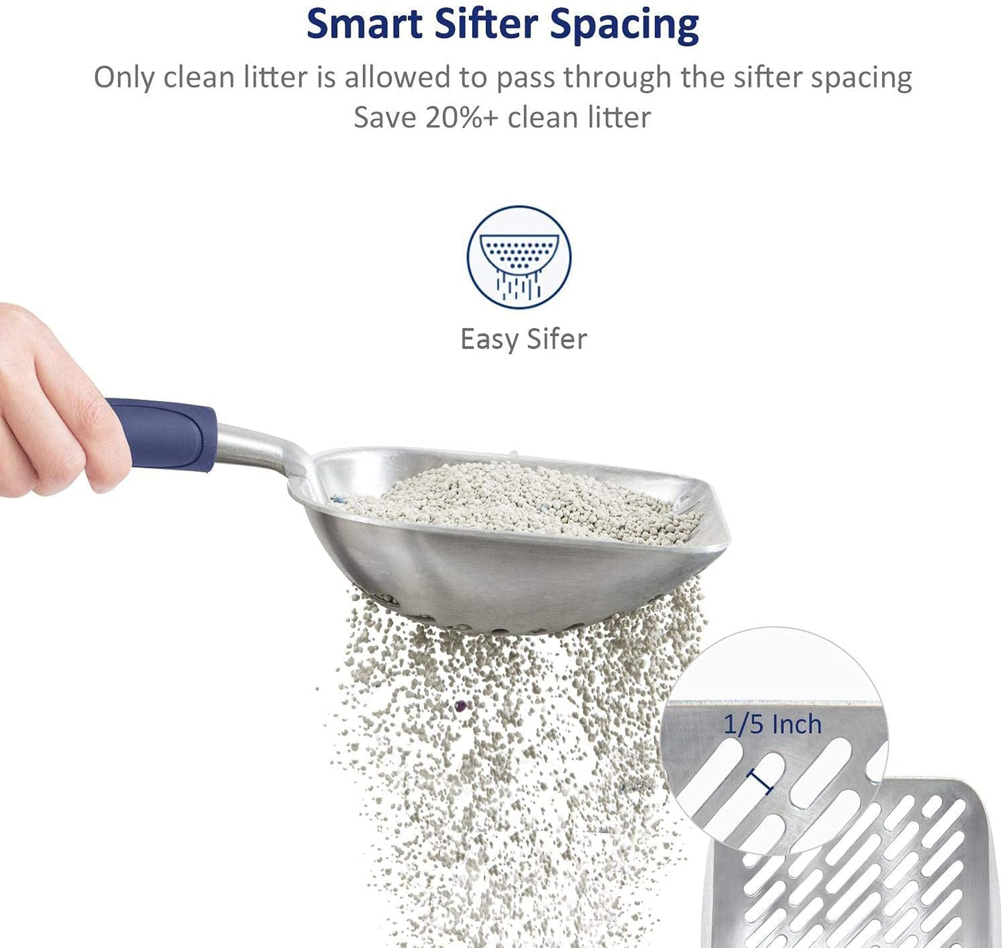 Cat Litter Scoop, Aluminum Alloy Sifter, Kitty Metal Scooper, Deep Shovel with Diagonal Sifting Hole, Long Handle, Kitten Poop Lifter for Litter Box, Medium Size, Blue Handle