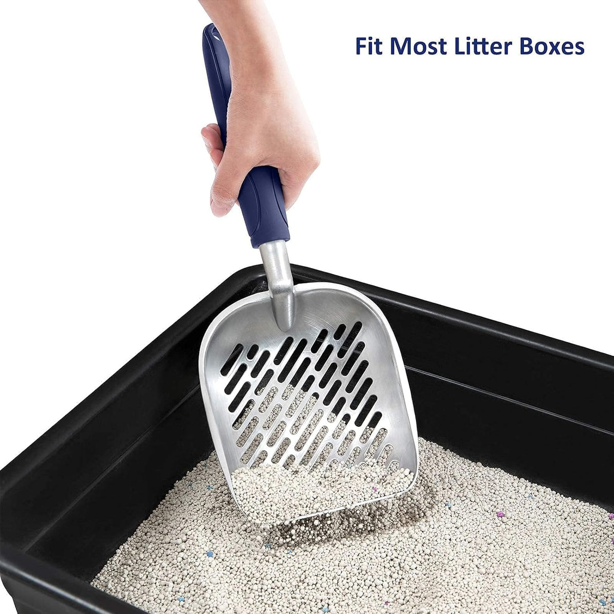 Cat Litter Scoop, Aluminum Alloy Sifter, Kitty Metal Scooper, Deep Shovel with Diagonal Sifting Hole, Long Handle, Kitten Poop Lifter for Litter Box, Medium Size, Blue Handle
