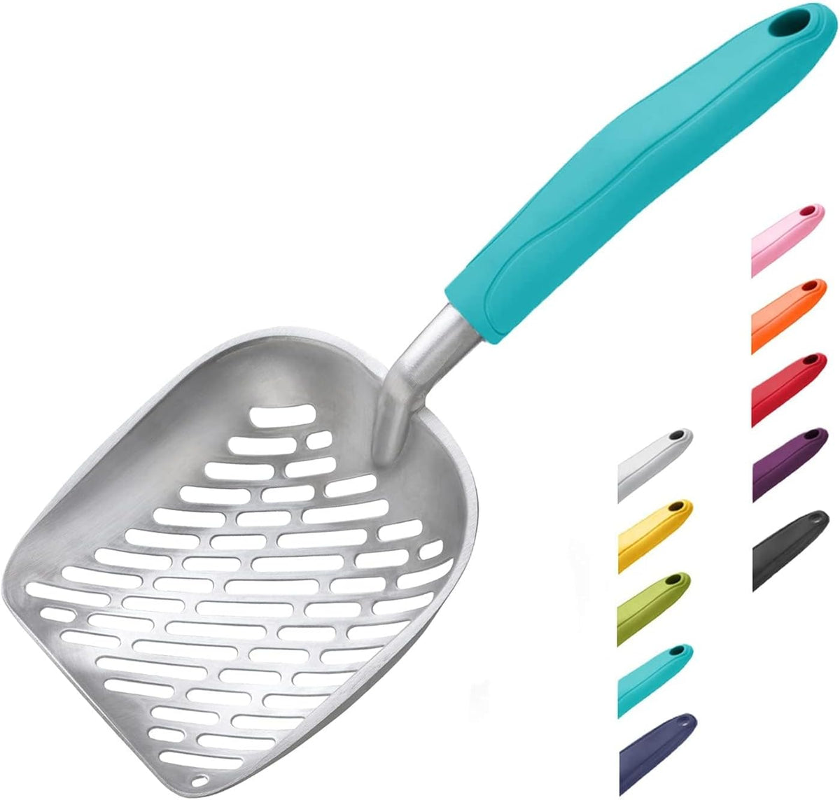 Cat Litter Scoop, Aluminum Alloy Sifter, Kitty Metal Scooper, Deep Shovel with Diagonal Sifting Hole, Long Handle, Kitten Poop Lifter for Litter Box, Medium Size, Blue Handle