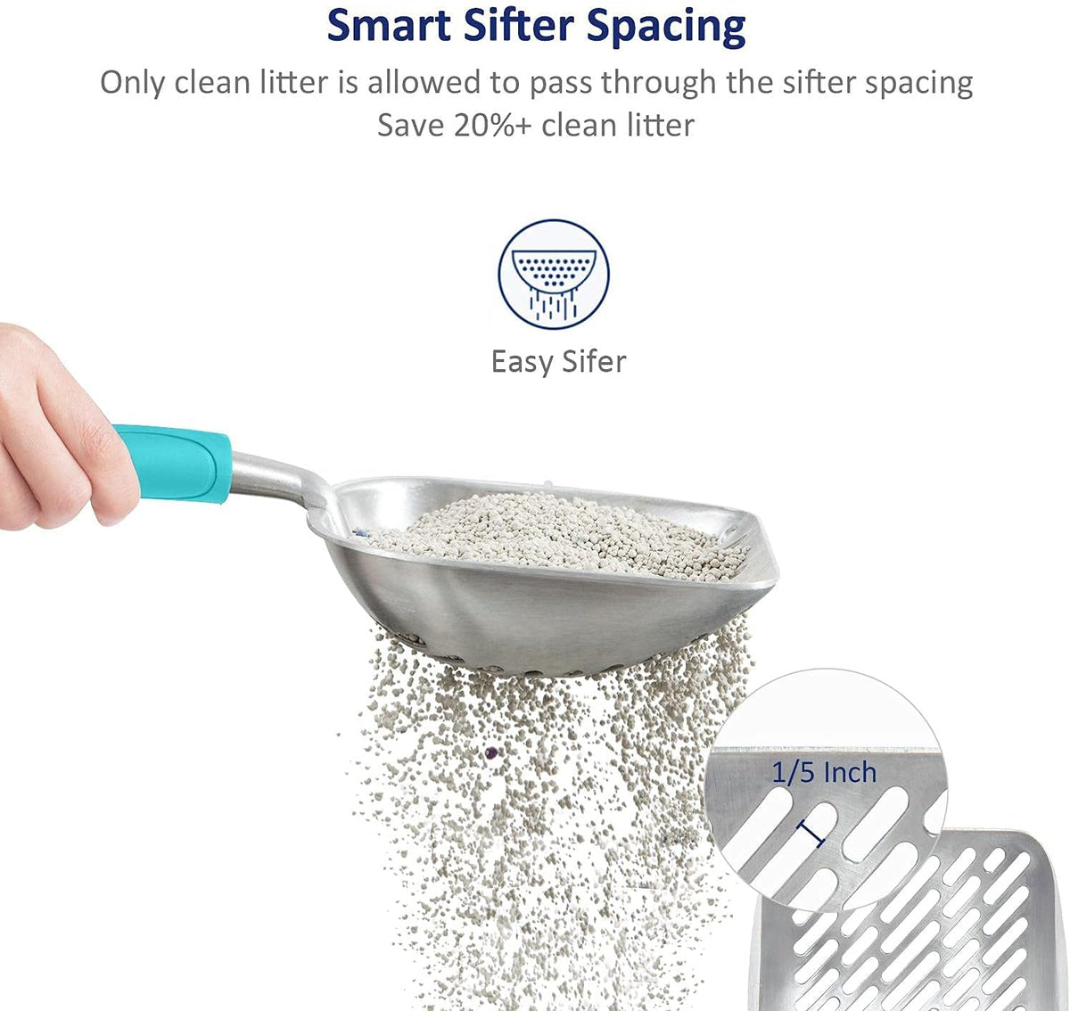 Cat Litter Scoop, Aluminum Alloy Sifter, Kitty Metal Scooper, Deep Shovel with Diagonal Sifting Hole, Long Handle, Kitten Poop Lifter for Litter Box, Medium Size, Blue Handle