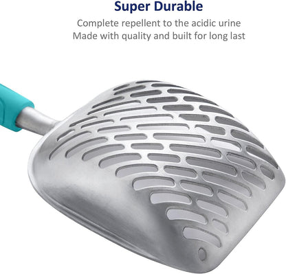 Cat Litter Scoop, Aluminum Alloy Sifter, Kitty Metal Scooper, Deep Shovel with Diagonal Sifting Hole, Long Handle, Kitten Poop Lifter for Litter Box, Medium Size, Blue Handle