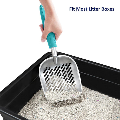Cat Litter Scoop, Aluminum Alloy Sifter, Kitty Metal Scooper, Deep Shovel with Diagonal Sifting Hole, Long Handle, Kitten Poop Lifter for Litter Box, Medium Size, Blue Handle