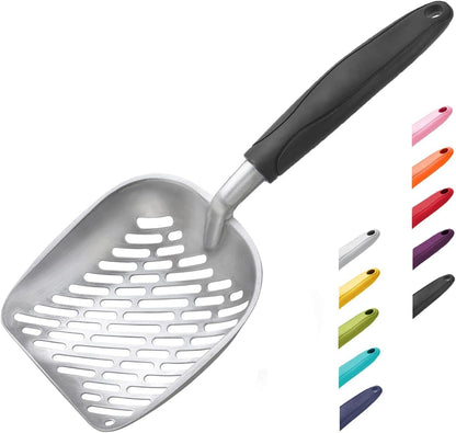 Cat Litter Scoop, Aluminum Alloy Sifter, Kitty Metal Scooper, Deep Shovel with Diagonal Sifting Hole, Long Handle, Kitten Poop Lifter for Litter Box, Medium Size, Blue Handle