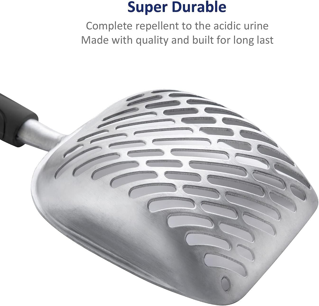 Cat Litter Scoop, Aluminum Alloy Sifter, Kitty Metal Scooper, Deep Shovel with Diagonal Sifting Hole, Long Handle, Kitten Poop Lifter for Litter Box, Medium Size, Blue Handle