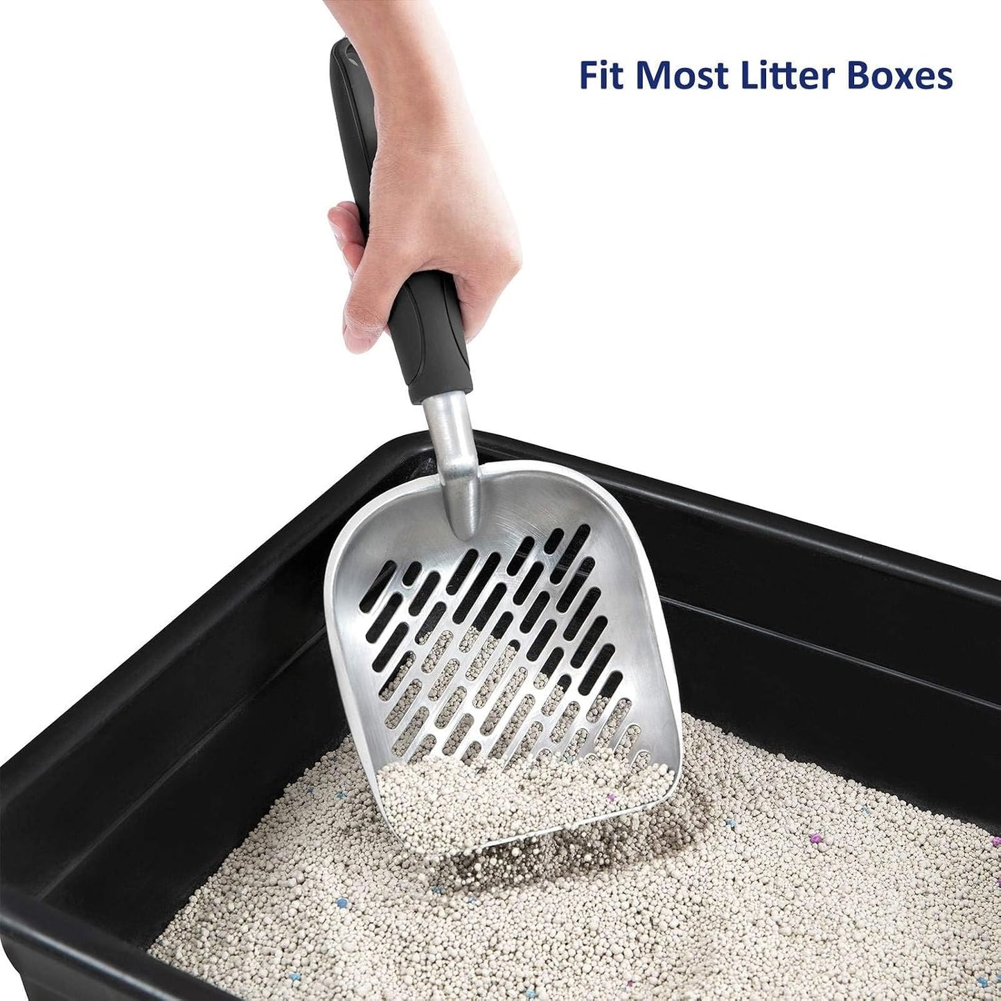 Cat Litter Scoop, Aluminum Alloy Sifter, Kitty Metal Scooper, Deep Shovel with Diagonal Sifting Hole, Long Handle, Kitten Poop Lifter for Litter Box, Medium Size, Blue Handle